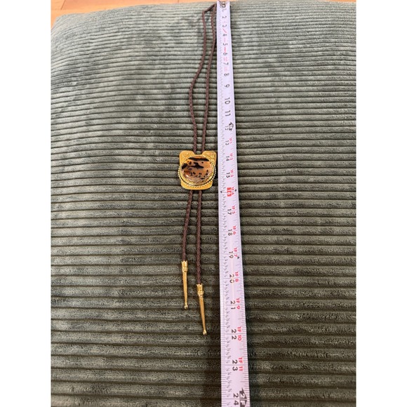 Vintage Western Bolo Tie Gold‎ Tone Metal Scenic Picture Jasper Stone Mens - Picture 11 of 11